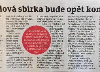 Slovácký deník informuje o přípravách na Tříkrálovou sbírku 2022