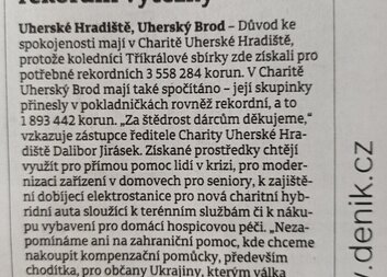 Slovácký deník píše o rekordním výnosu Tříkrálové sbírky